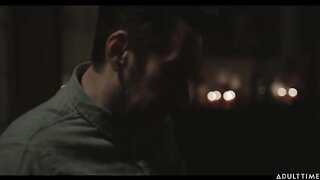 Horny Krampus pleasuring bearded man in the living room